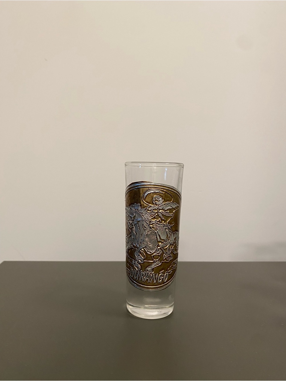 Vintage Durango Mexico Tequila Shot Glass Metal Emblem Charro Horse Caballito